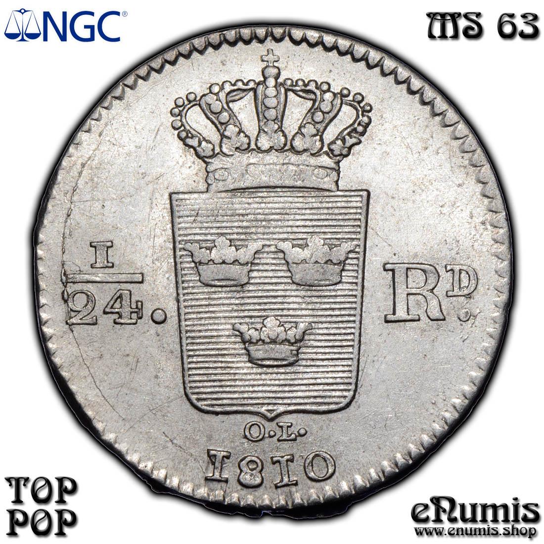 SWEDEN, Karl XIII, 1/24 Riksdaler 1810, Top Pop, NGC MS 63 SWEDEN, Karl XIII, 1/24 Riksdaler 1810, Top Pop, NGC MS 63