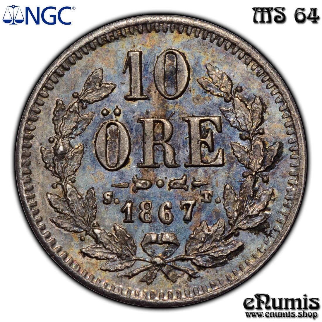 SWEDEN, Karl XV, 10 Ore 1867, NGC MS 64 SWEDEN, Karl XV, 10 Ore 1867, NGC MS 64