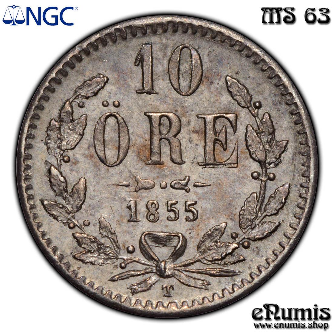 SWEDEN, Oscar I, 10 Ore 1855 T, NGC MS 63