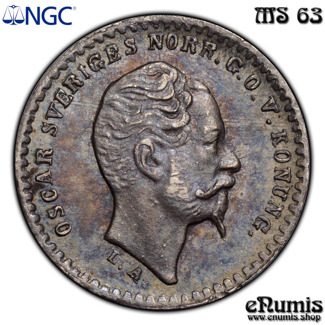 SWEDEN, Oscar I, 10 Ore 1855 T, NGC MS 63