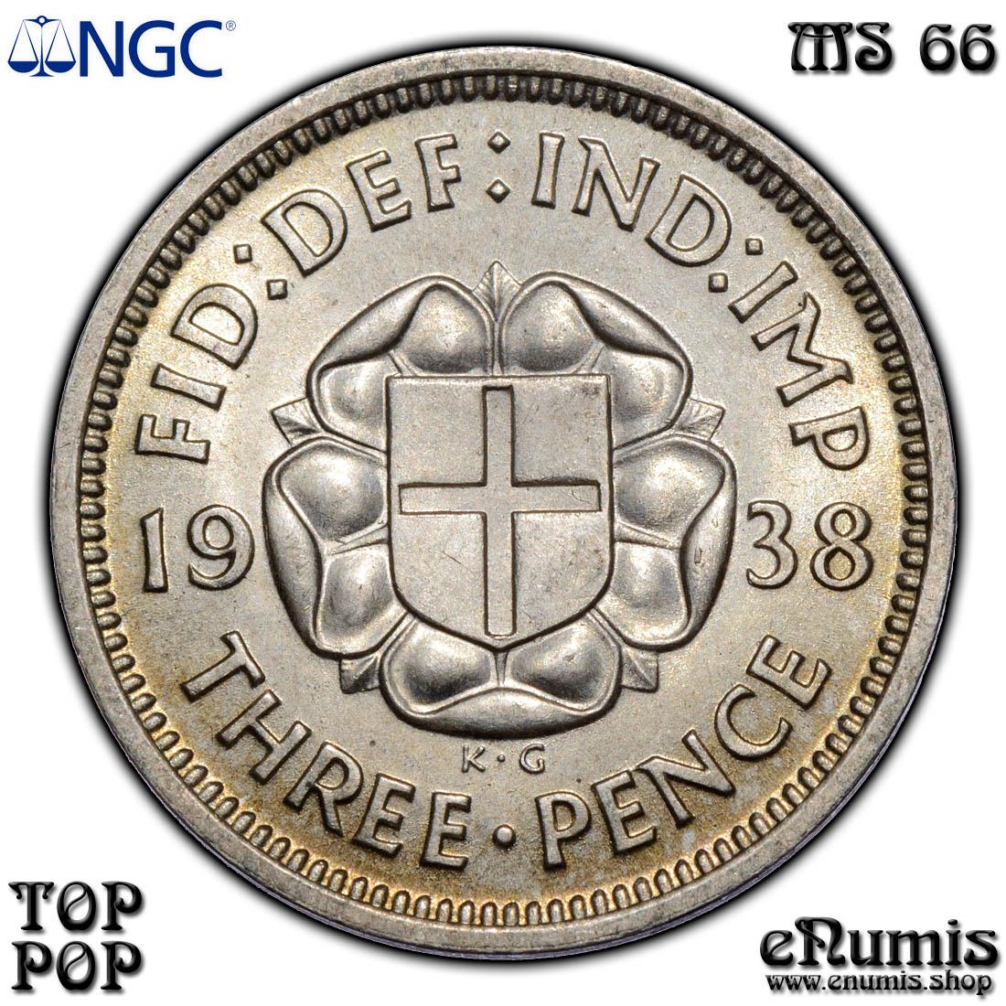 Great Britain, George VI, 3 Pence 1938, Silver, Top Pop, NGC MS 66 Great Britain, George VI, 3 Pence 1938, Silver, Top Pop, NGC MS 66