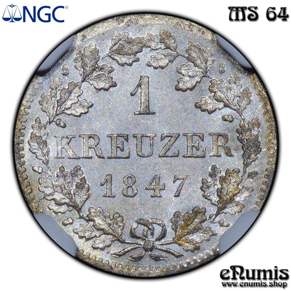 Germany, Bavaria, Ludwig I, 1 Kreuzer 1847, NGC MS 64