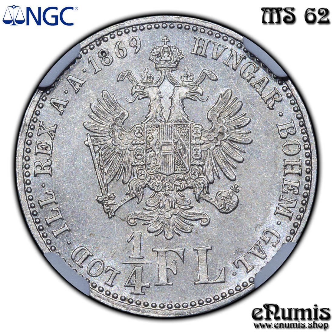 AUSTRIA, Franz Joseph I, 1/4 Florin Gulden 1869, Rare!, NGC MS 62
