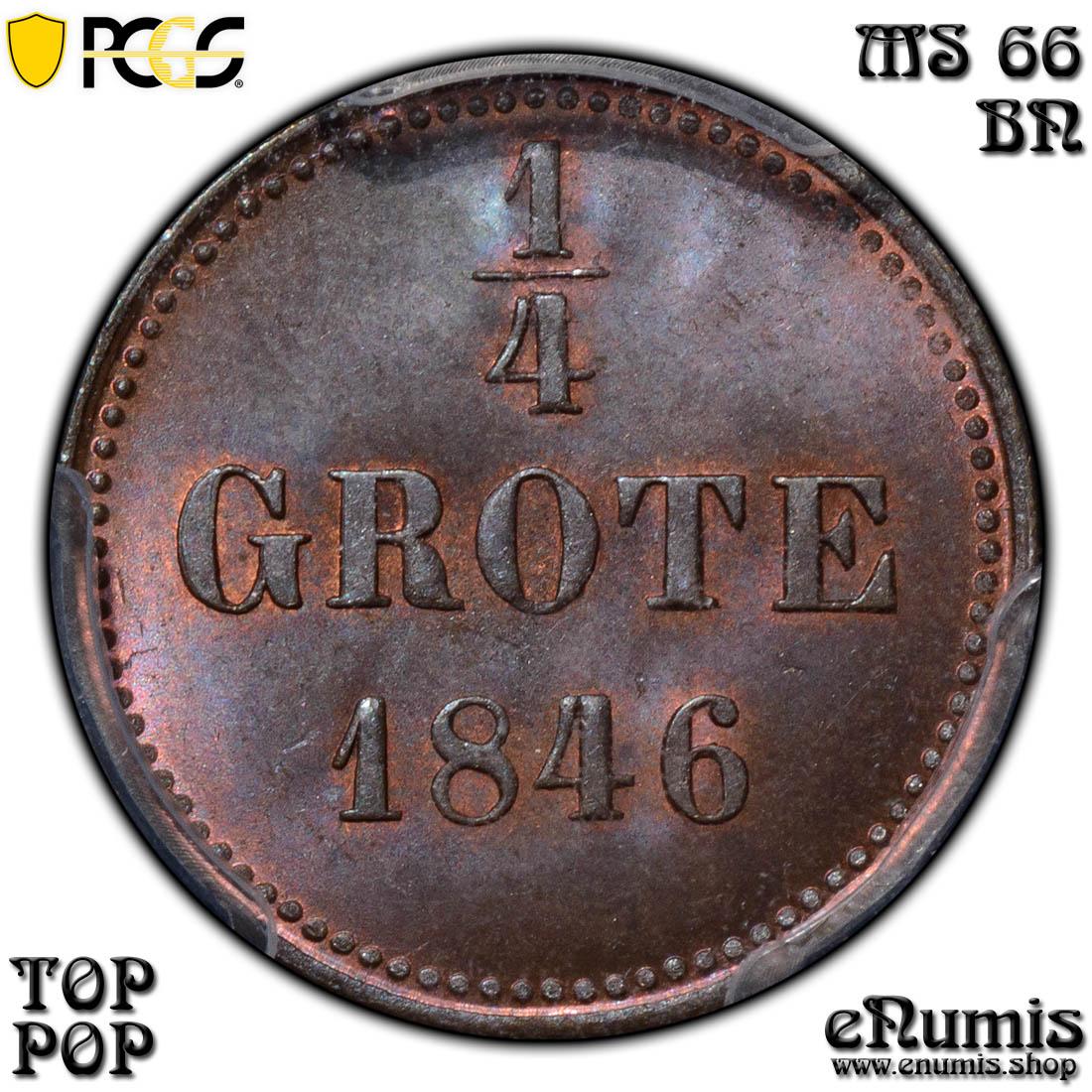 Germany, Oldenburg, Paul Friedrich August, 1/4 Grote 1846, Rare, Top Pop, PCGS MS 66 BN Germany, Oldenburg, Paul Friedrich August, 1/4 Grote 1846, Rare, Top Pop, PCGS MS 66 BN