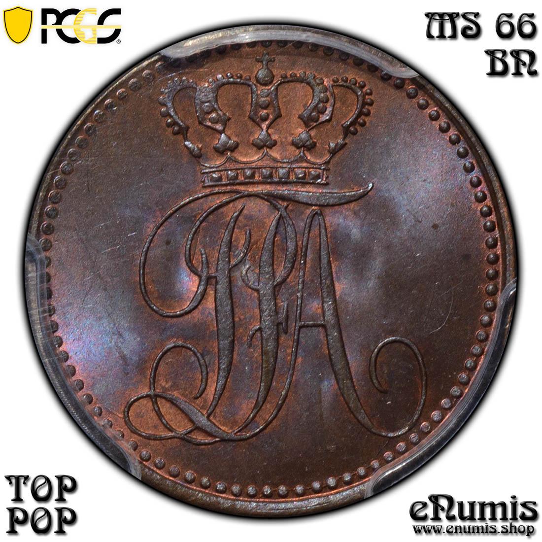 Germany, Oldenburg, Paul Friedrich August, 1/4 Grote 1846, Rare, Top Pop, PCGS MS 66 BN Germany, Oldenburg, Paul Friedrich August, 1/4 Grote 1846, Rare, Top Pop, PCGS MS 66 BN