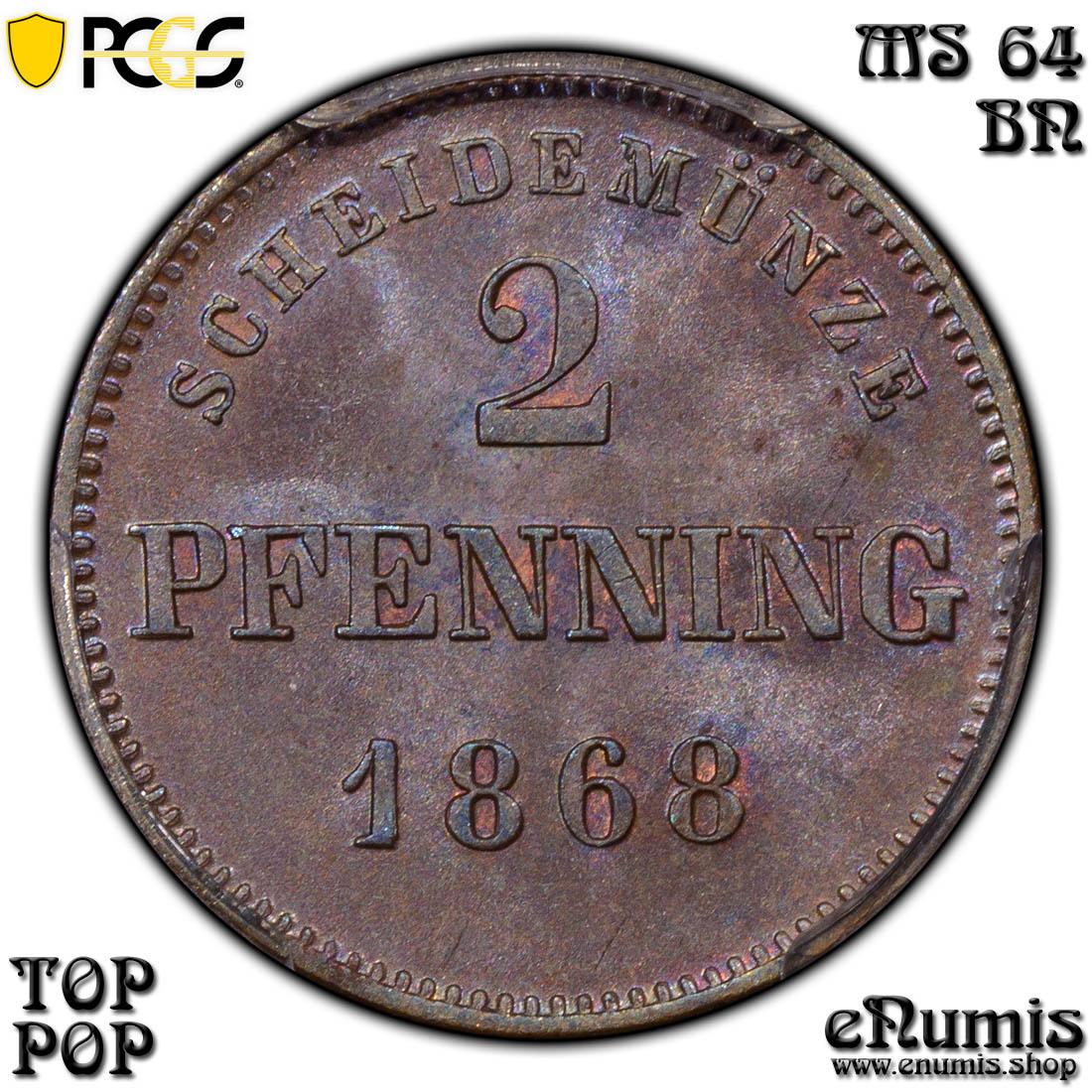 Germany, Bavaria, Ludwig II, 2 Pfenning 1868, Top Pop, PCGS MS 64 BN