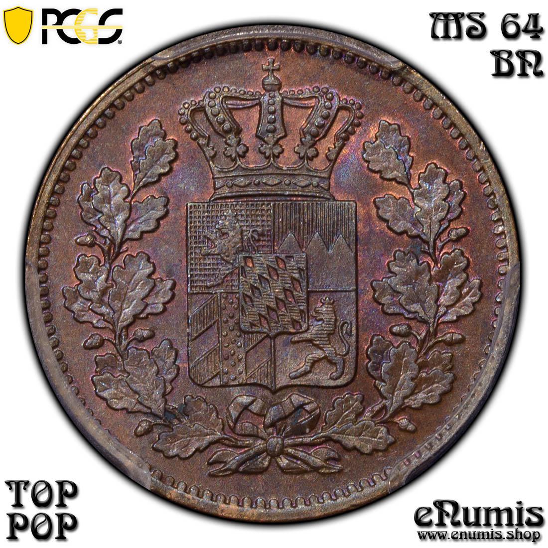 Germany, Bavaria, Ludwig II, 2 Pfenning 1868, Top Pop, PCGS MS 64 BN