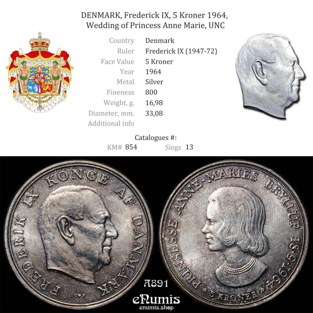 DENMARK, Frederick IX, 5 Kroner 1964, Wedding of Princess Anne Marie, UNC