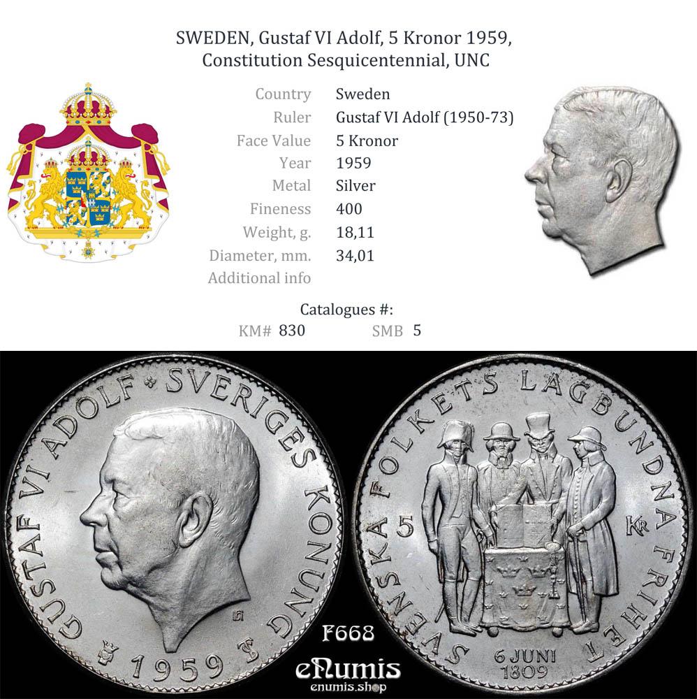 SWEDEN, Gustaf VI Adolf, 5 Kronor 1959, Constitution Sesquicentennial, UNC SWEDEN, Gustaf VI Adolf, 5 Kronor 1959, Constitution Sesquicentennial, UNC