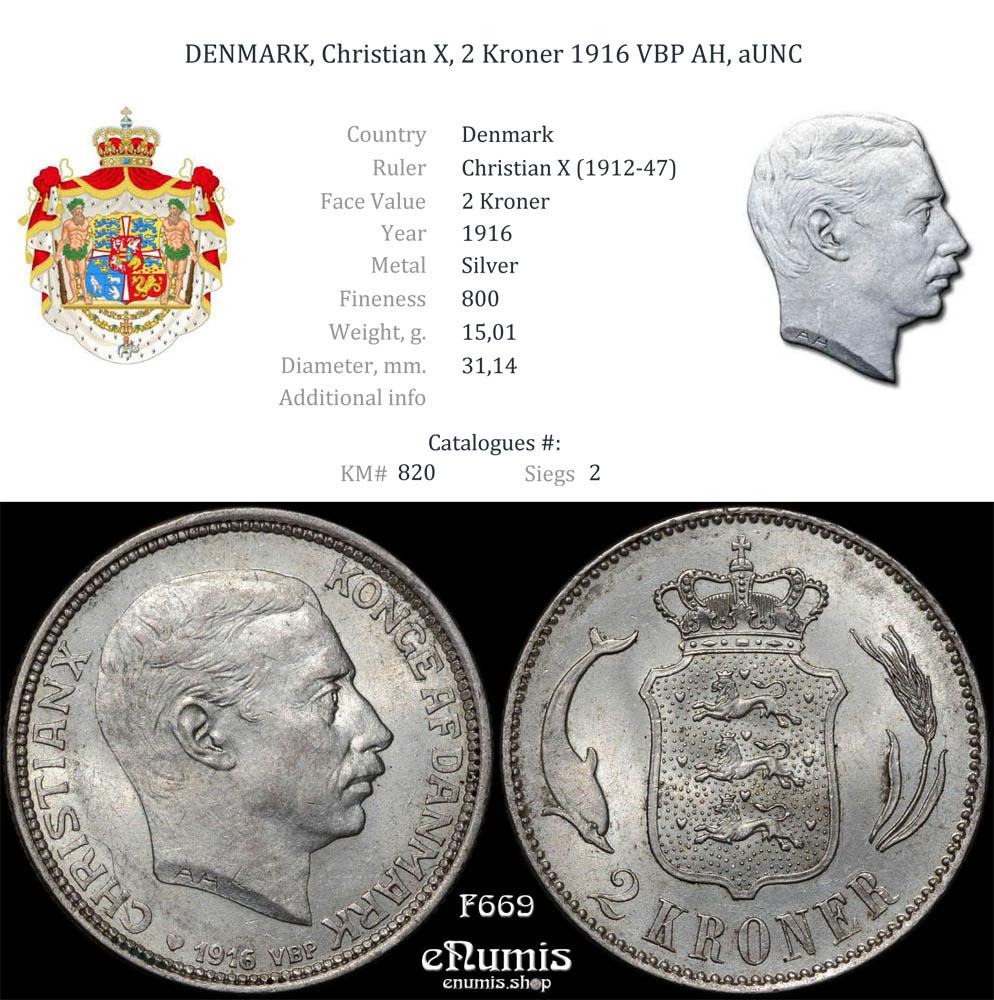 DENMARK, Christian X, 2 Kroner 1916 VBP AH, aUNC