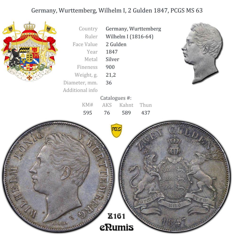 Germany, Wurttemberg, Wilhelm I, 2 Gulden 1847, PCGS MS 63