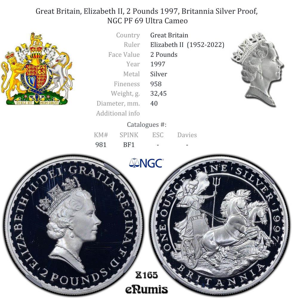 Great Britain, Elizabeth II, 2 Pounds 1997, Britannia Silver Proof, NGC PF 69 Ultra Cameo