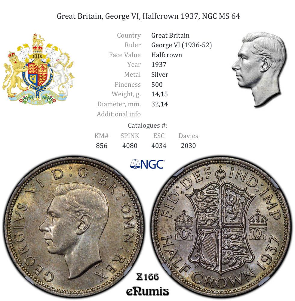 Great Britain, George VI, Halfcrown 1937, NGC MS 64