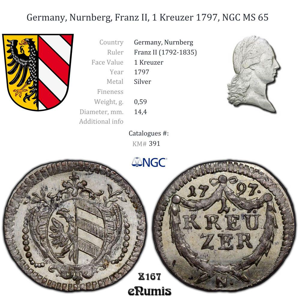 Germany, Nurnberg, Franz II, 1 Kreuzer 1797, NGC MS 65 Germany, Nurnberg, Franz II, 1 Kreuzer 1797, NGC MS 65
