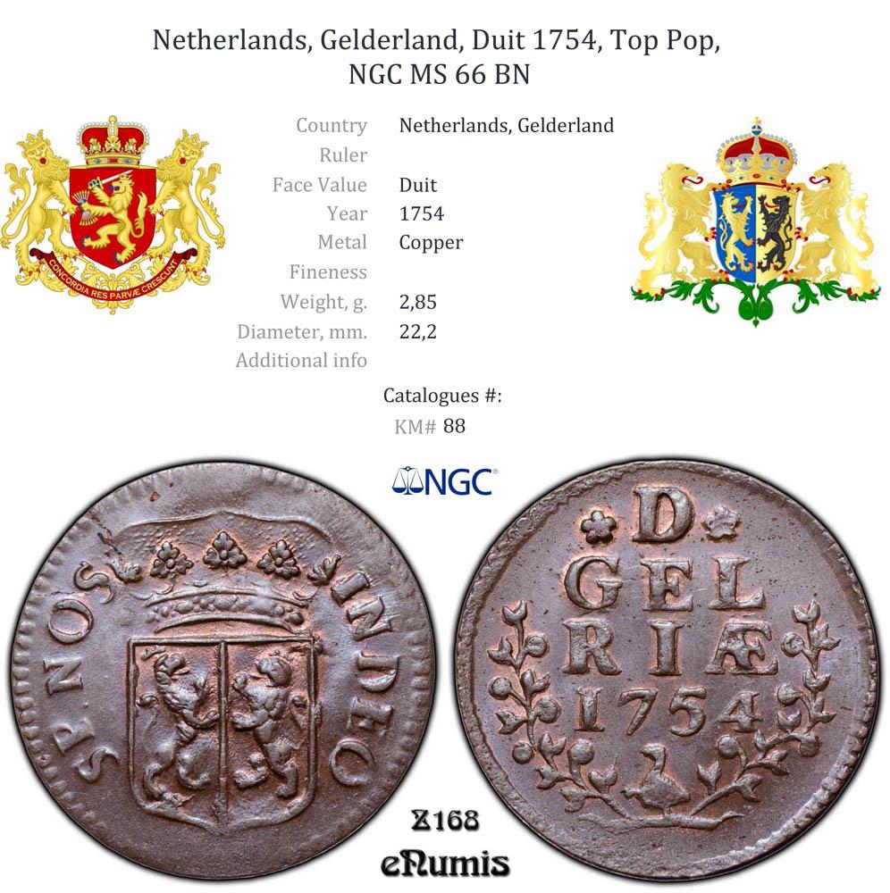 Netherlands, Gelderland, Duit 1754, Top Pop, NGC MS 66 BN