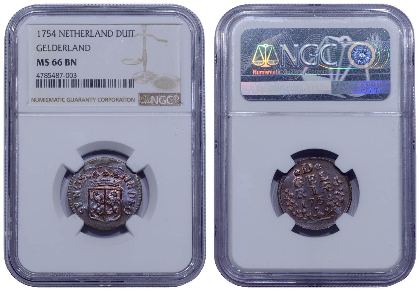Netherlands, Gelderland, Duit 1754, Top Pop, NGC MS 66 BN