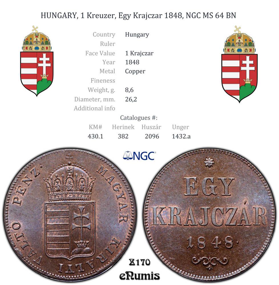 HUNGARY, 1 Kreuzer, Egy Krajczar 1848, NGC MS 64 BN HUNGARY, 1 Kreuzer, Egy Krajczar 1848, NGC MS 64 BN