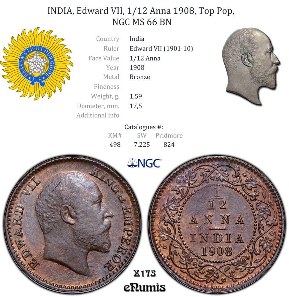 INDIA, Edward VII, 1/12 Anna 1908, Top Pop, NGC MS 66 BN