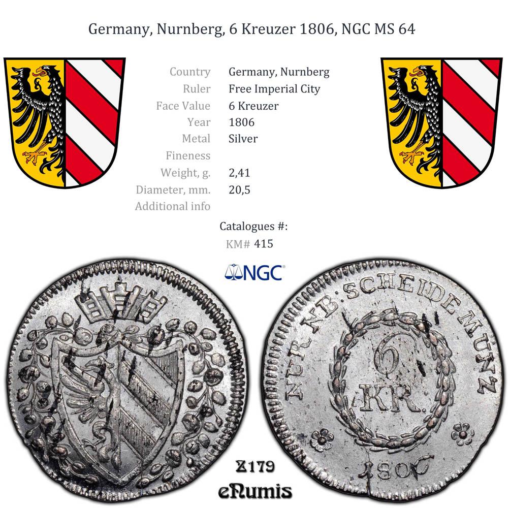 Germany, Nurnberg, 6 Kreuzer 1806, NGC MS 64