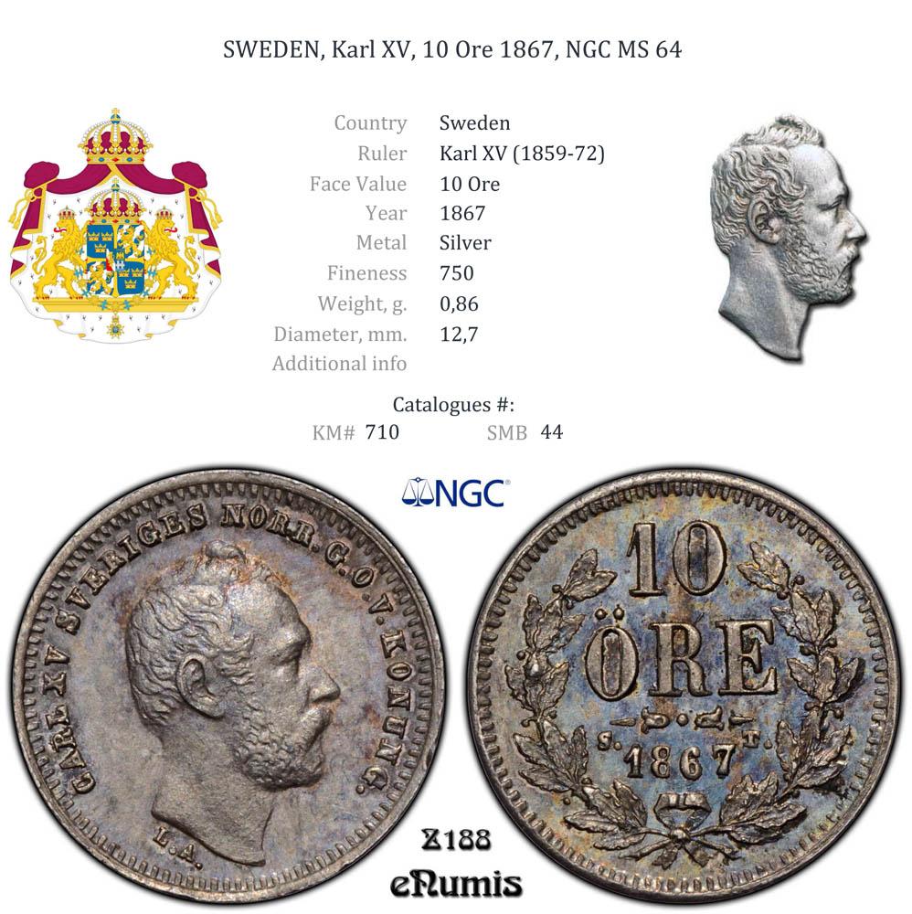 SWEDEN, Karl XV, 10 Ore 1867, NGC MS 64 SWEDEN, Karl XV, 10 Ore 1867, NGC MS 64