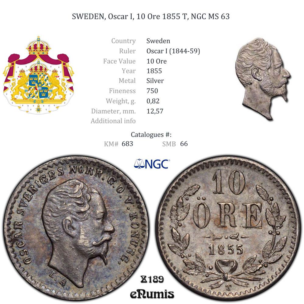SWEDEN, Oscar I, 10 Ore 1855 T, NGC MS 63