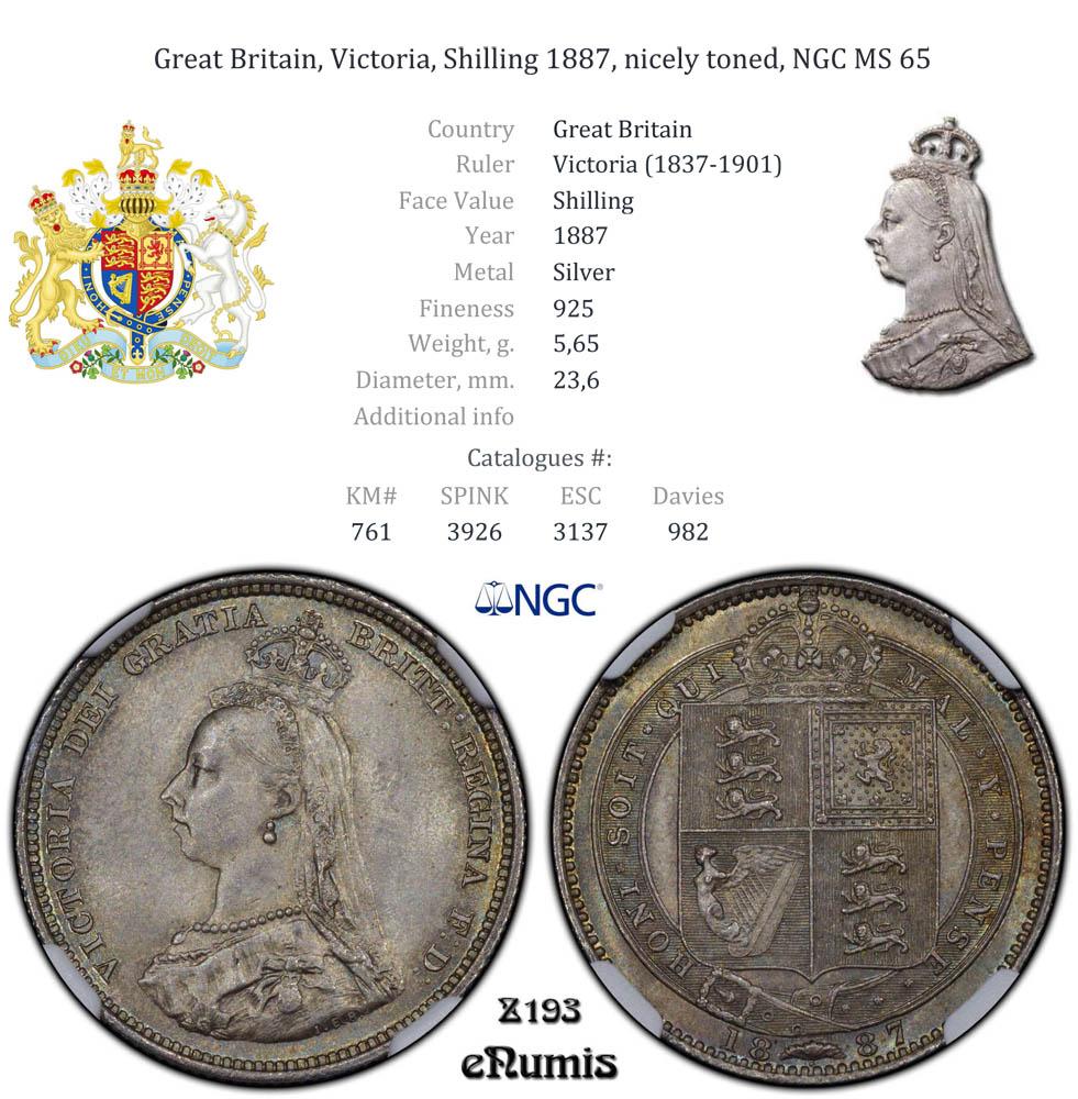 Great Britain, Victoria, Shilling 1887, nicely toned, NGC MS 65