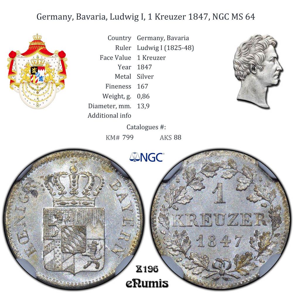 Germany, Bavaria, Ludwig I, 1 Kreuzer 1847, NGC MS 64