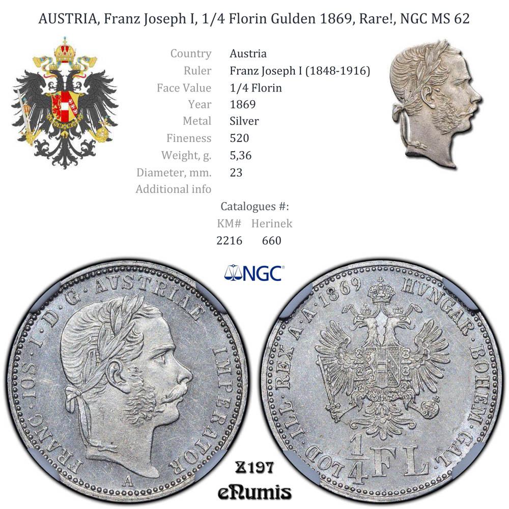 AUSTRIA, Franz Joseph I, 1/4 Florin Gulden 1869, Rare!, NGC MS 62