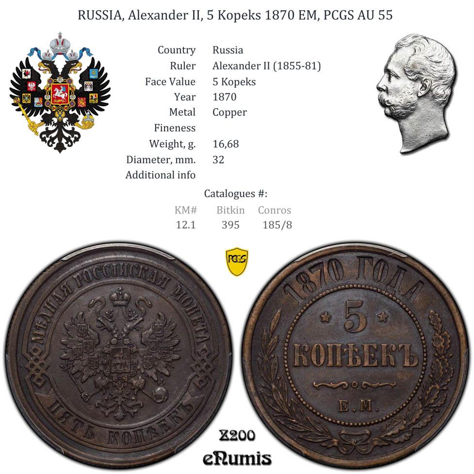 RUSSIA, Alexander II, 5 Kopeks 1870 EM, PCGS AU 55