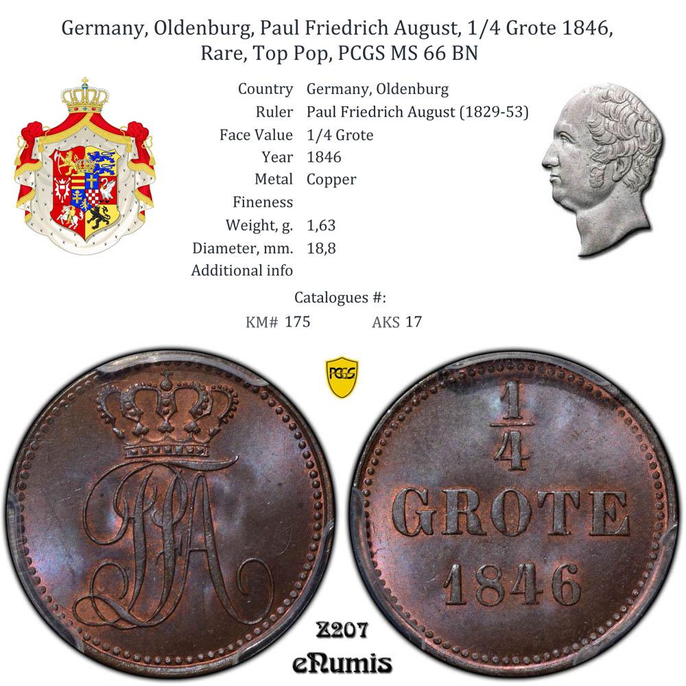 Germany, Oldenburg, Paul Friedrich August, 1/4 Grote 1846, Rare, Top Pop, PCGS MS 66 BN Germany, Oldenburg, Paul Friedrich August, 1/4 Grote 1846, Rare, Top Pop, PCGS MS 66 BN