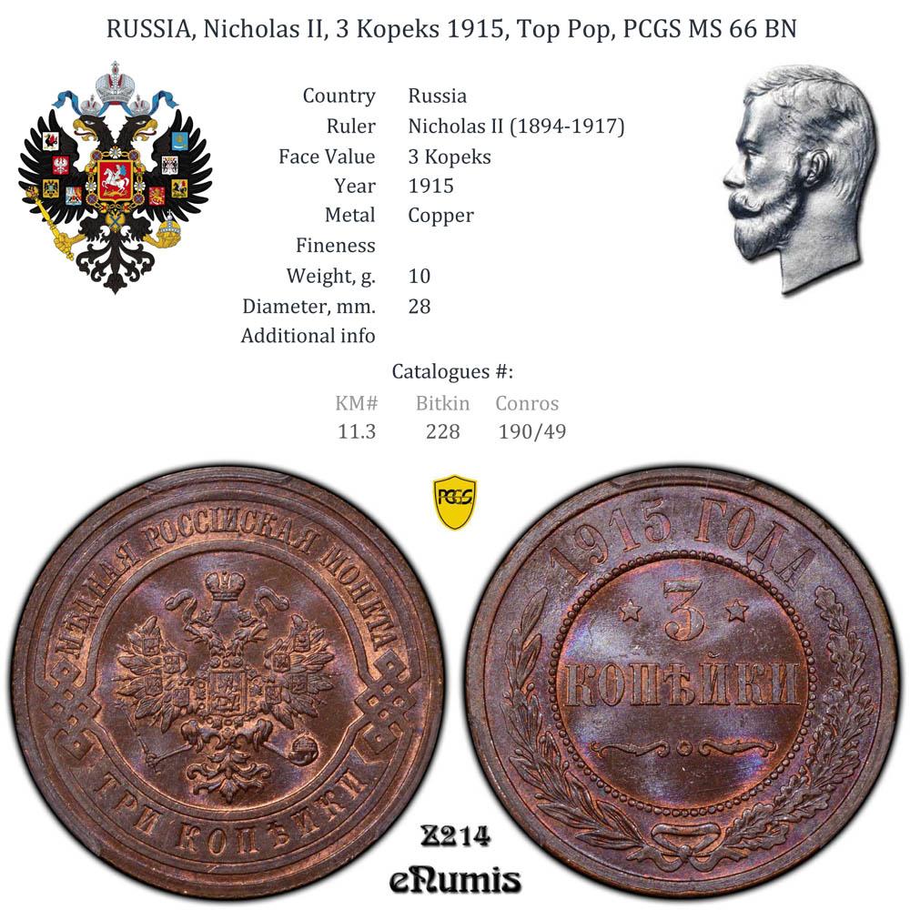 RUSSIA, Nicholas II, 3 Kopeks 1915, Top Pop, PCGS MS 66 BN RUSSIA, Nicholas II, 3 Kopeks 1915, Top Pop, PCGS MS 66 BN