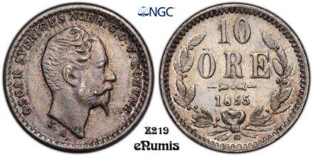 SWEDEN, Oscar I, 10 Ore 1855 G, Top Pop, NGC MS 65