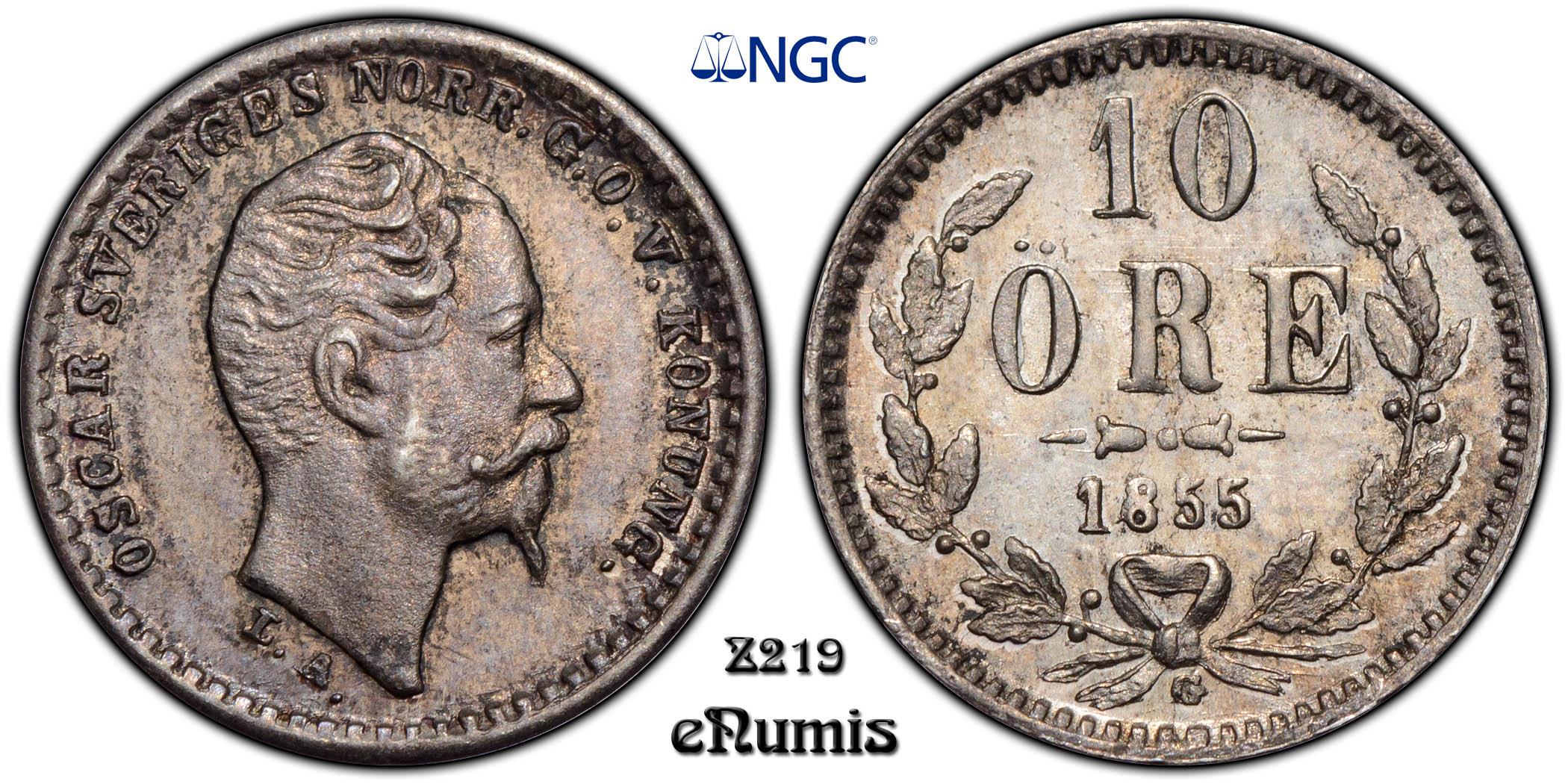 SWEDEN, Oscar I, 10 Ore 1855 G, Top Pop, NGC MS 65