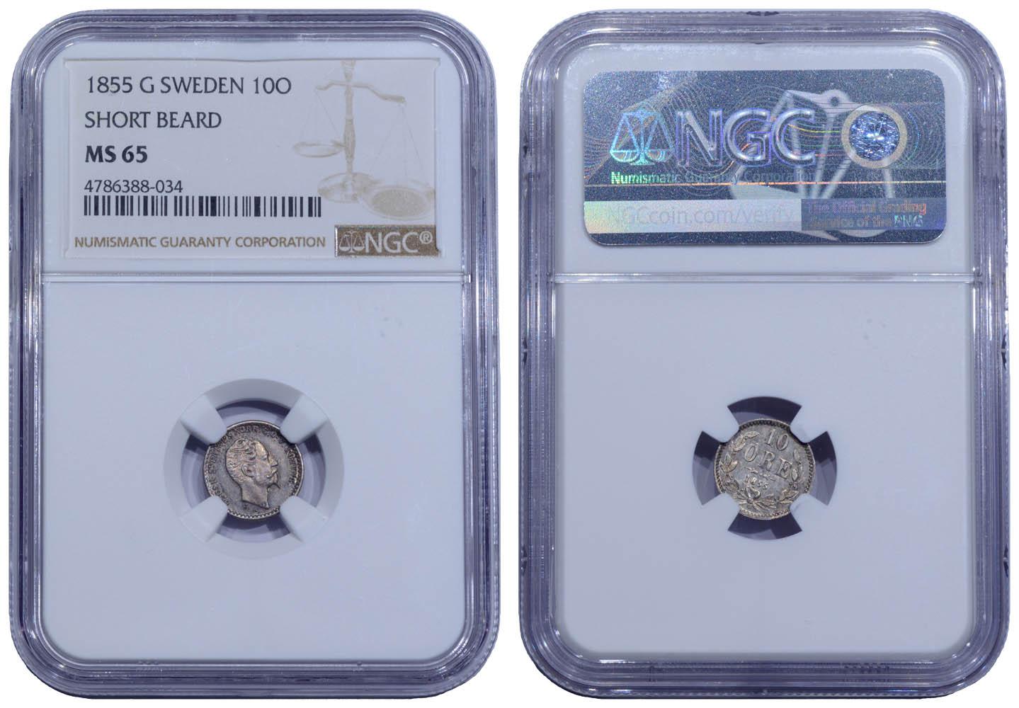 SWEDEN, Oscar I, 10 Ore 1855 G, Top Pop, NGC MS 65