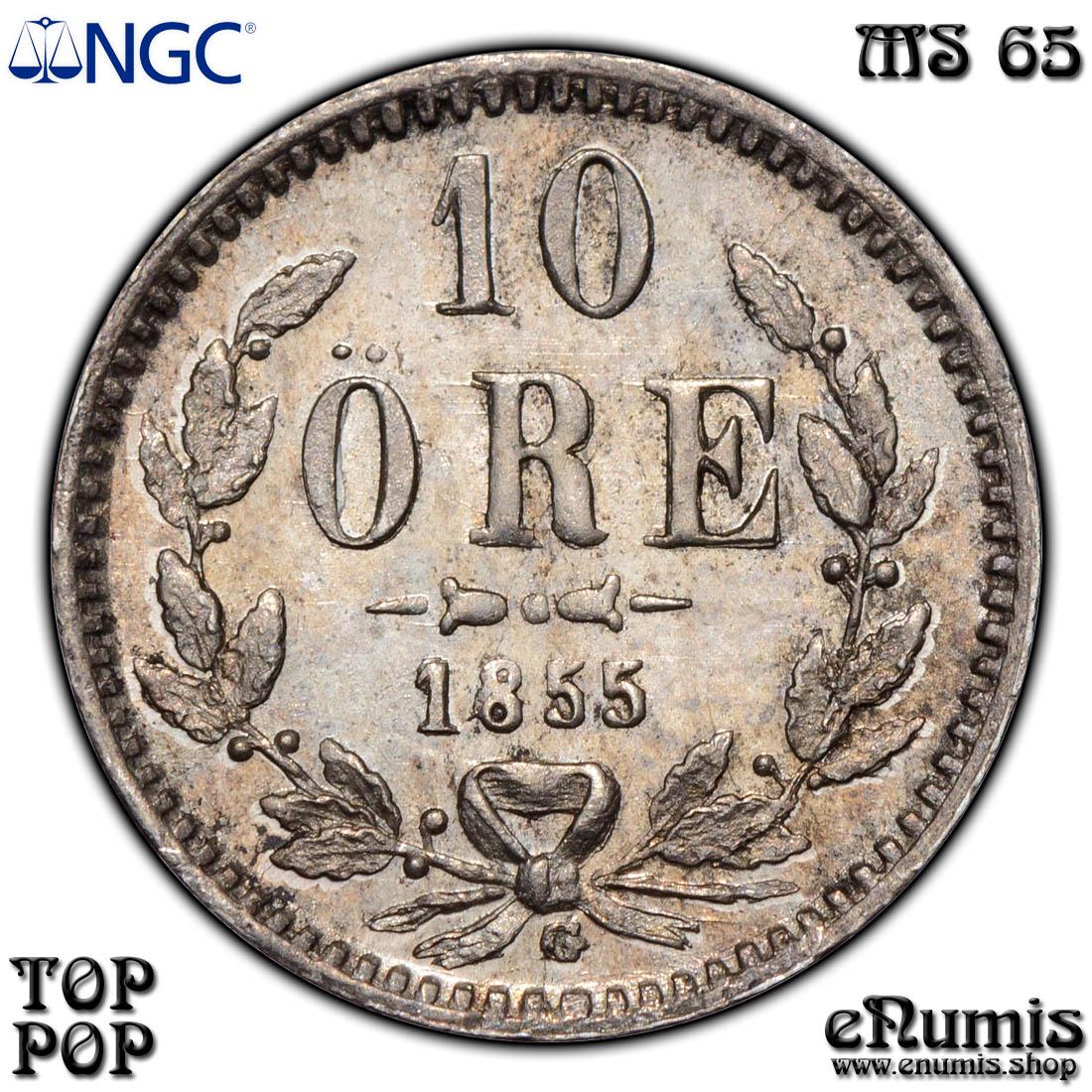 SWEDEN, Oscar I, 10 Ore 1855 G, Top Pop, NGC MS 65