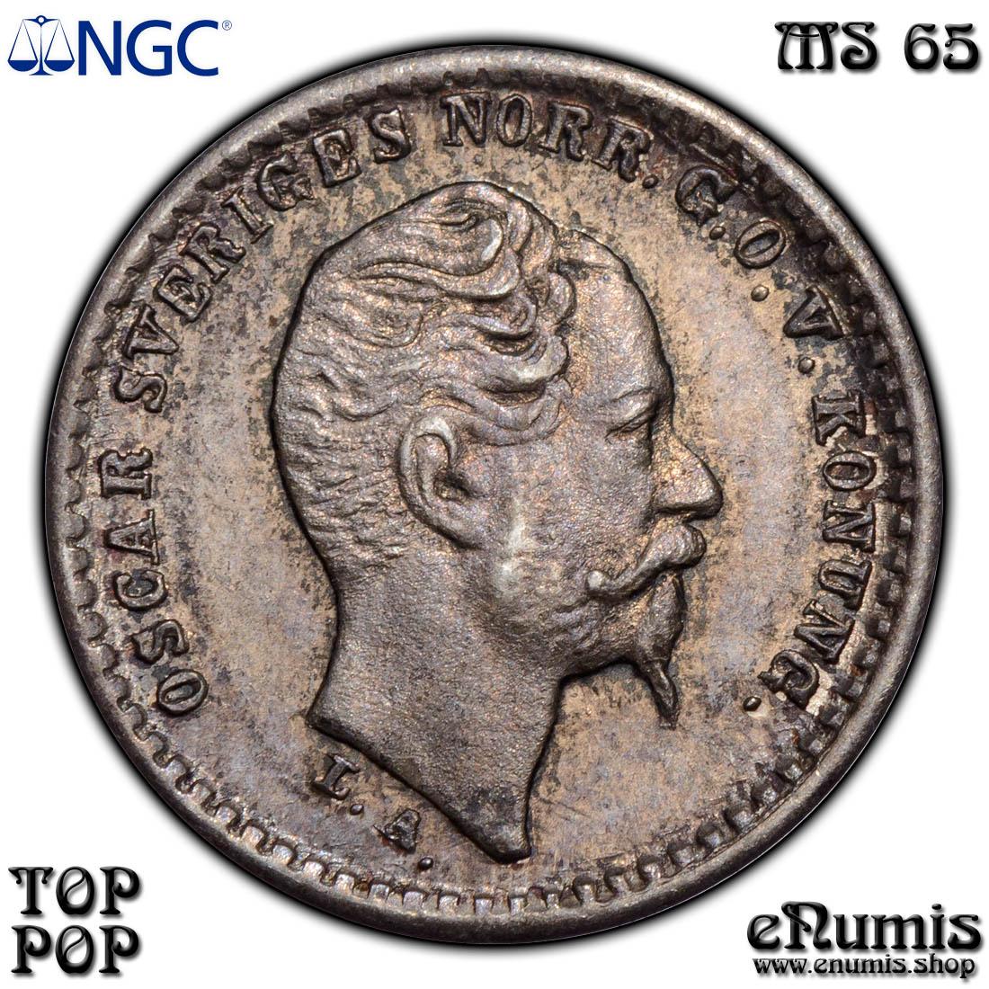 SWEDEN, Oscar I, 10 Ore 1855 G, Top Pop, NGC MS 65