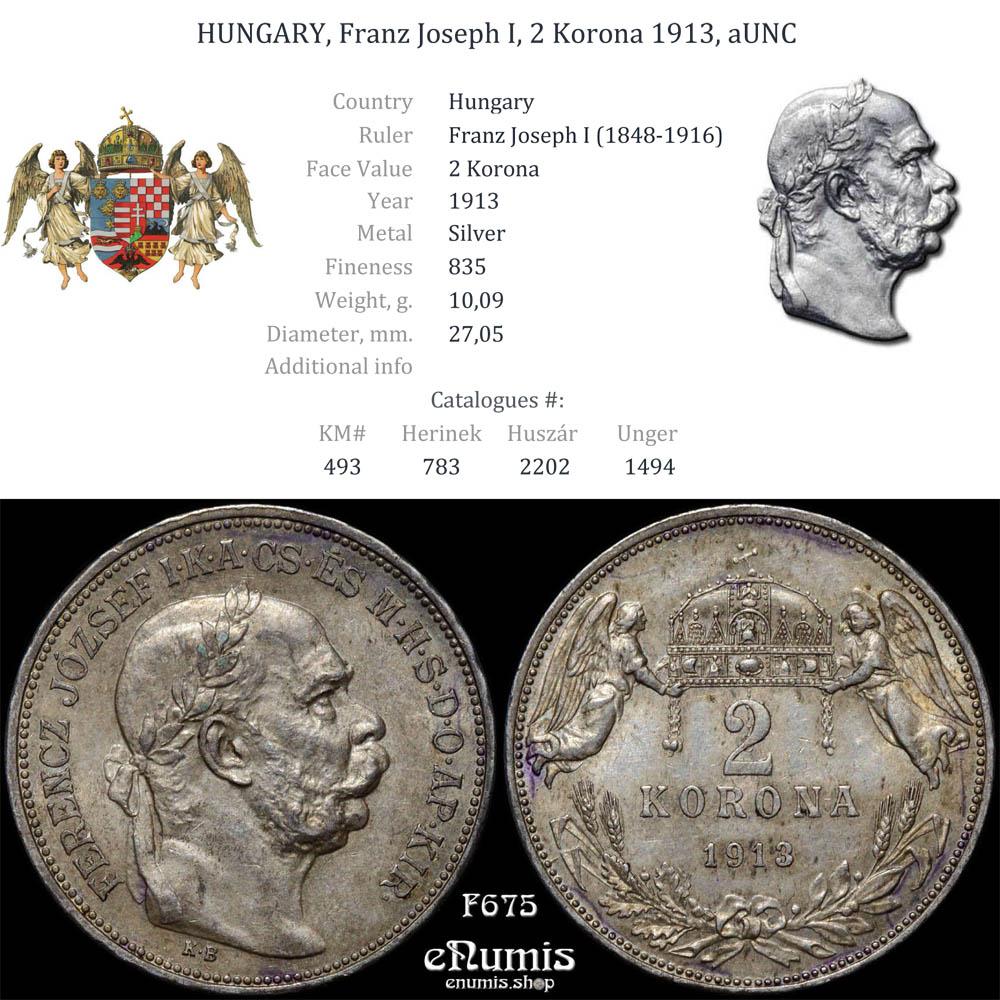 HUNGARY, Franz Joseph I, 2 Korona 1913, aUNC