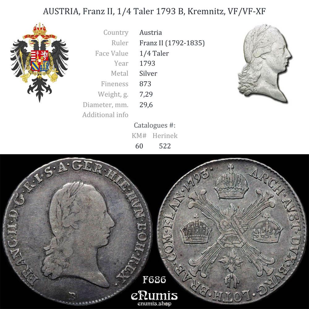 AUSTRIA, Franz II, 1/4 Taler 1793 B, Kremnitz, VF/VF-XF