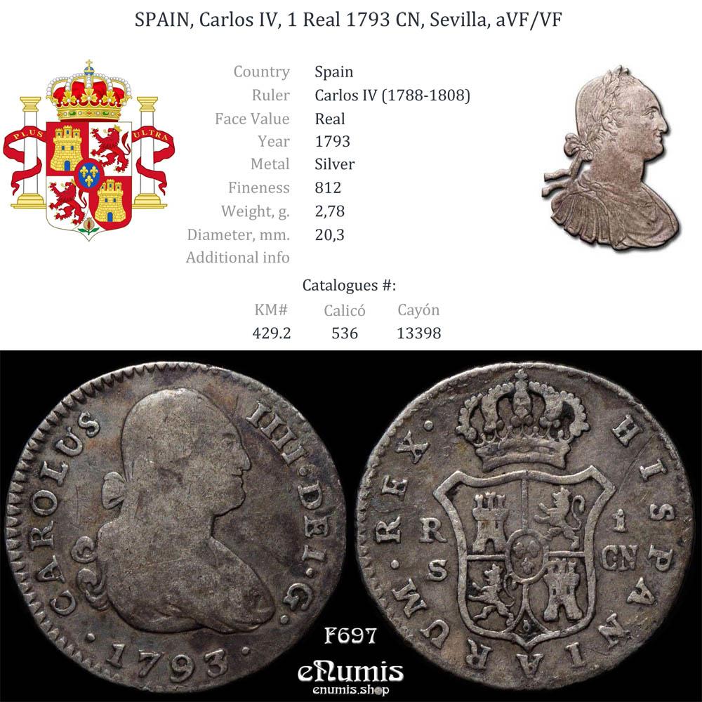SPAIN, Carlos IV, 1 Real 1793 CN, Sevilla, aVF/VF