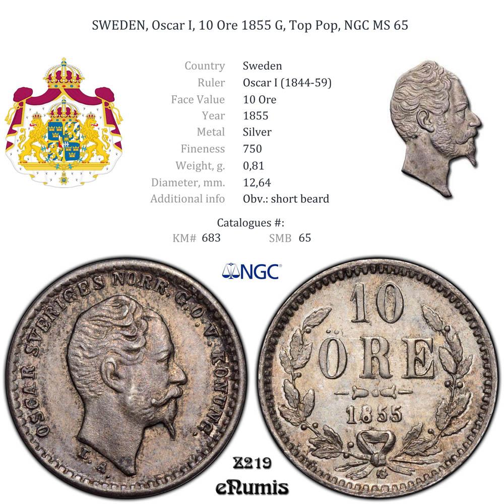 SWEDEN, Oscar I, 10 Ore 1855 G, Top Pop, NGC MS 65