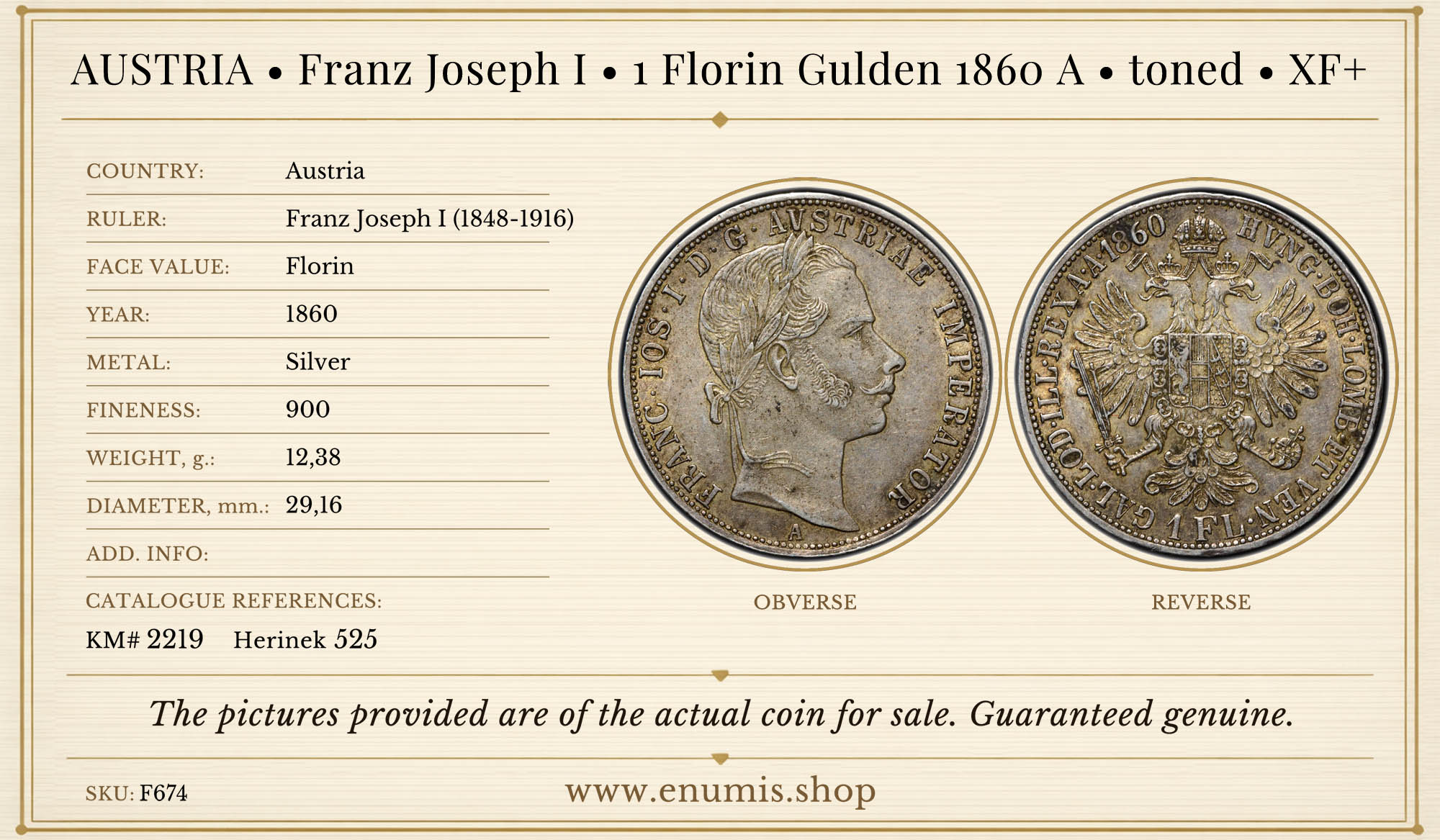 AUSTRIA, Franz Joseph I, 1 Florin Gulden 1860 A, toned, XF+