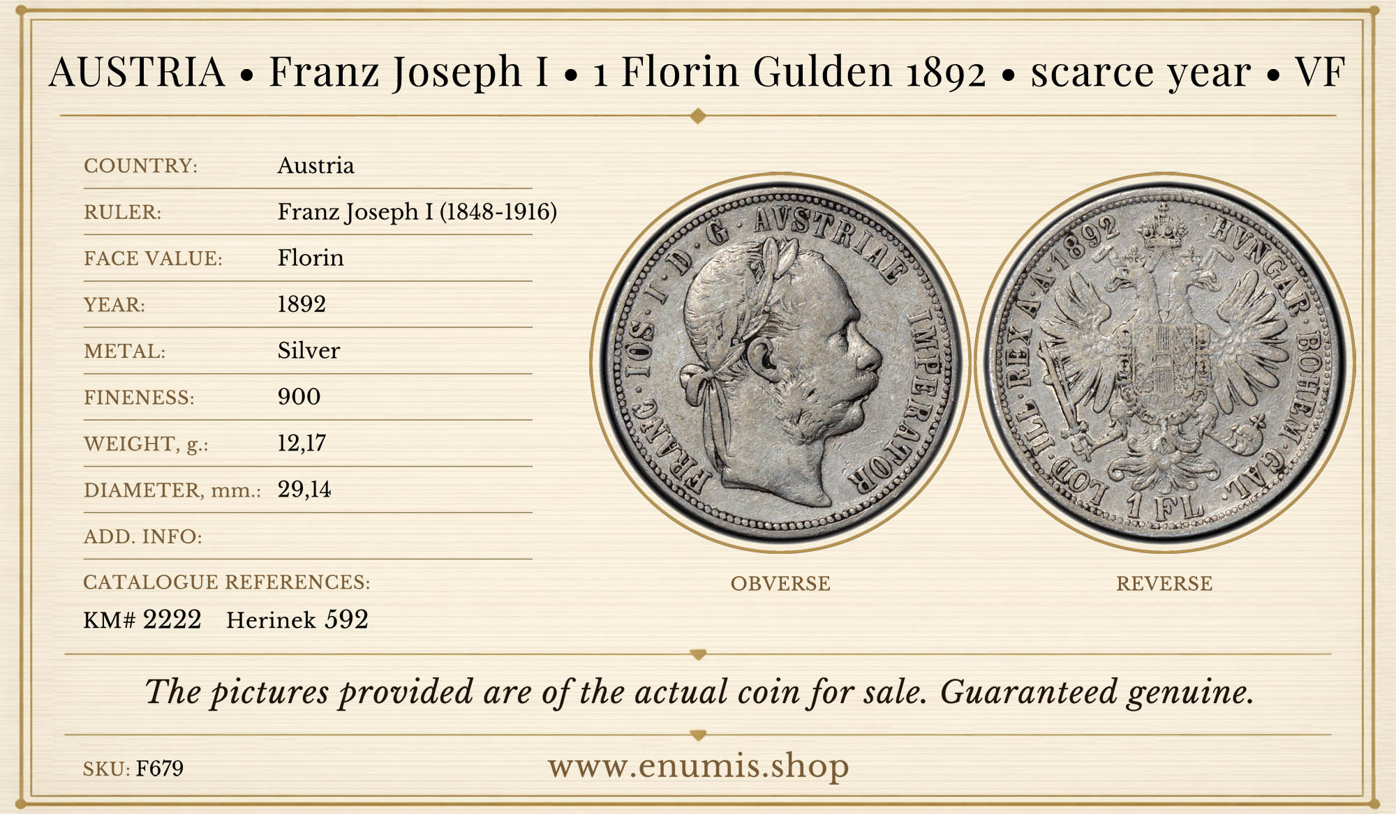 AUSTRIA, Franz Joseph I, 1 Florin Gulden 1892, scarce year, VF