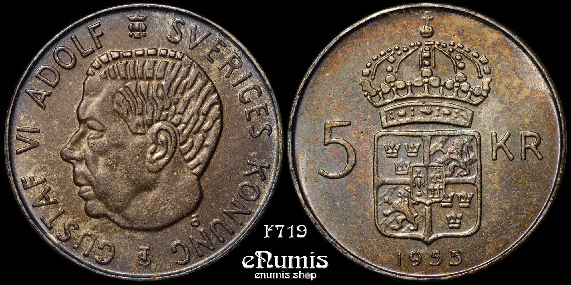 SWEDEN, Gustaf VI Adolf, 5 Kronor 1955, silver, aUNC