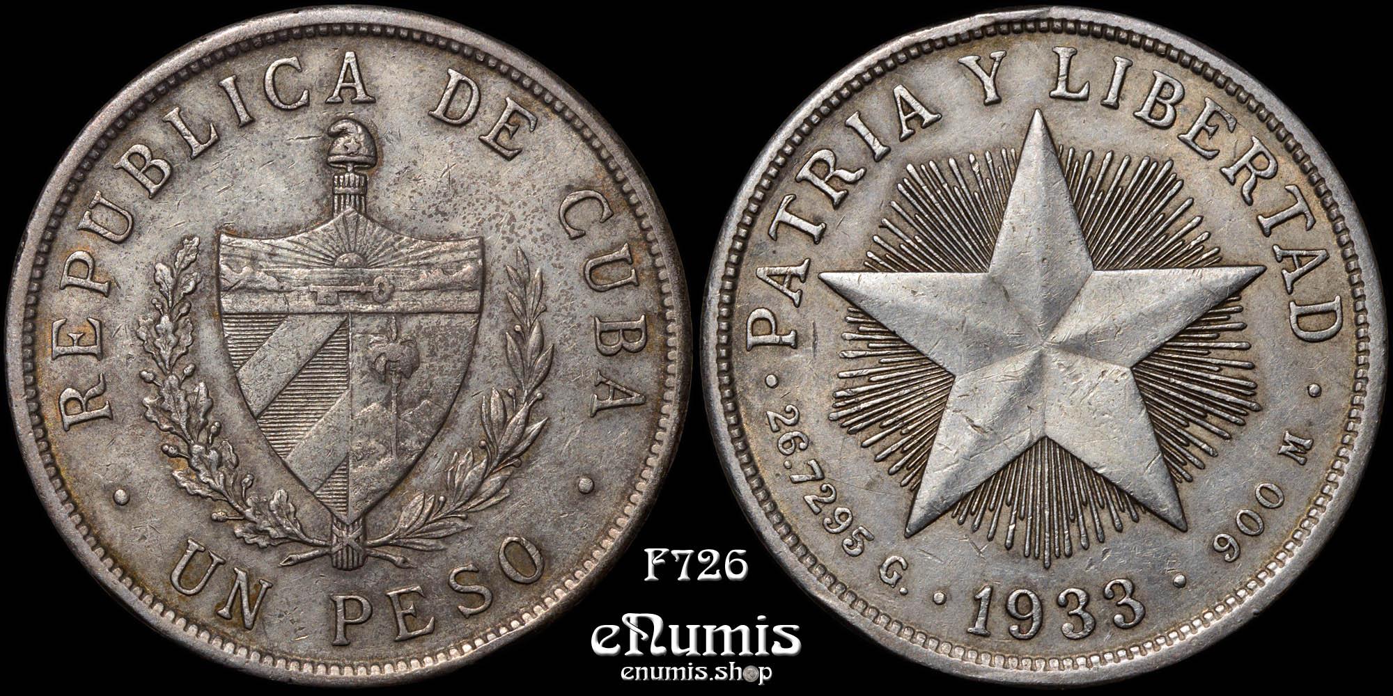 CUBA, 1 Peso 1933, silver, XF CUBA, 1 Peso 1933, silver, XF
