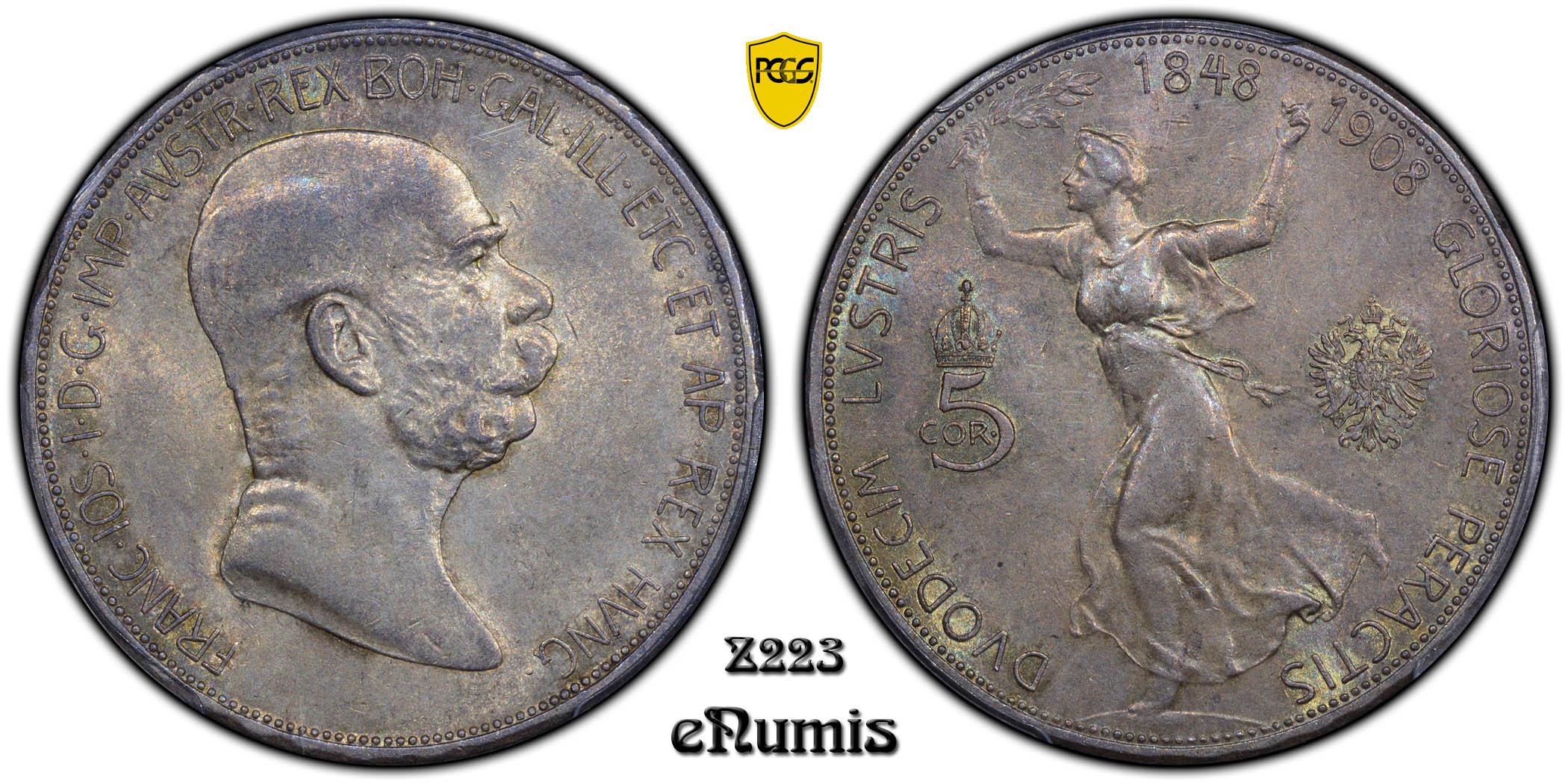 AUSTRIA, Franz Joseph I, 5 Corona 1908, 60th anniversary of reign, PCGS MS 62