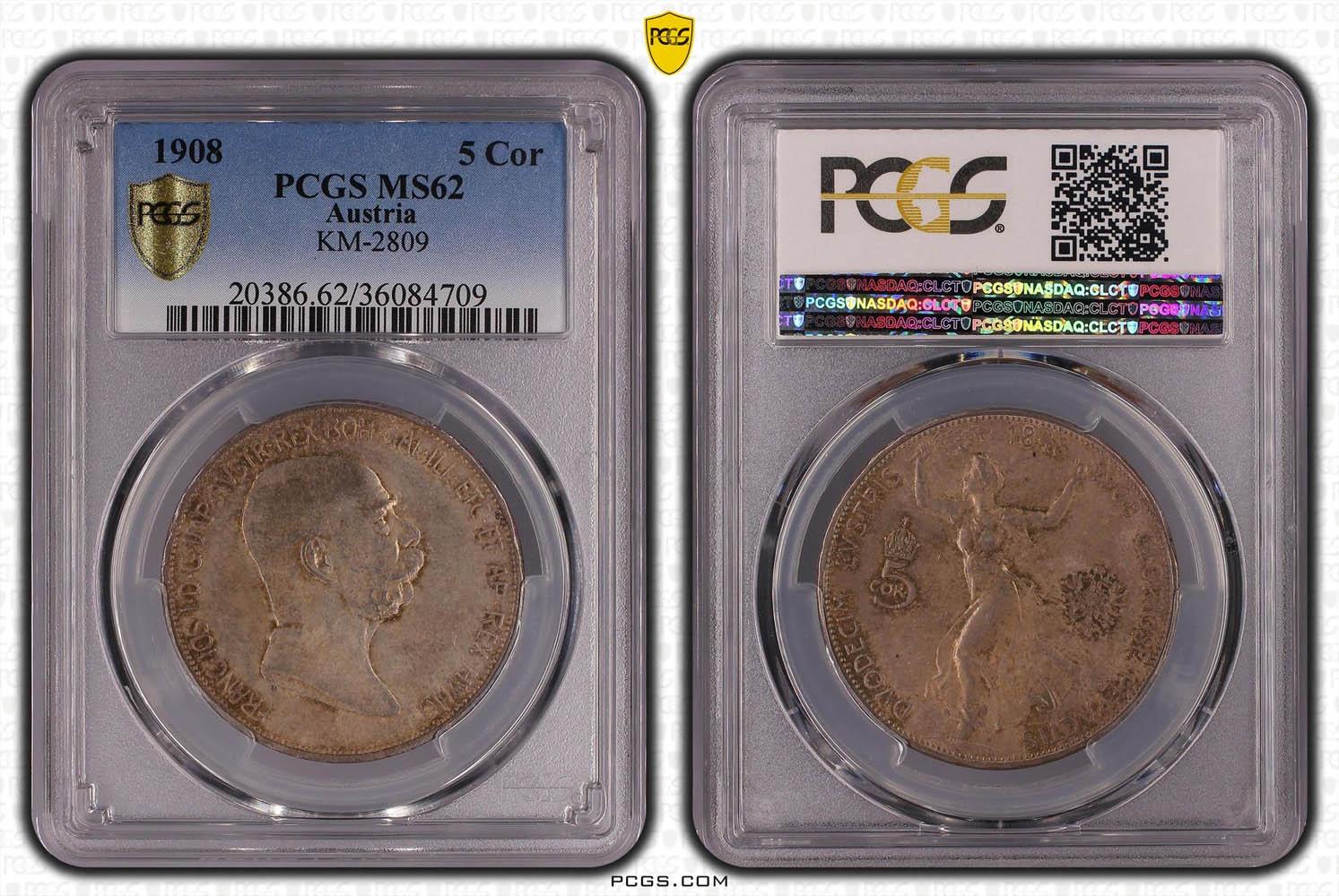 AUSTRIA, Franz Joseph I, 5 Corona 1908, 60th anniversary of reign, PCGS MS 62