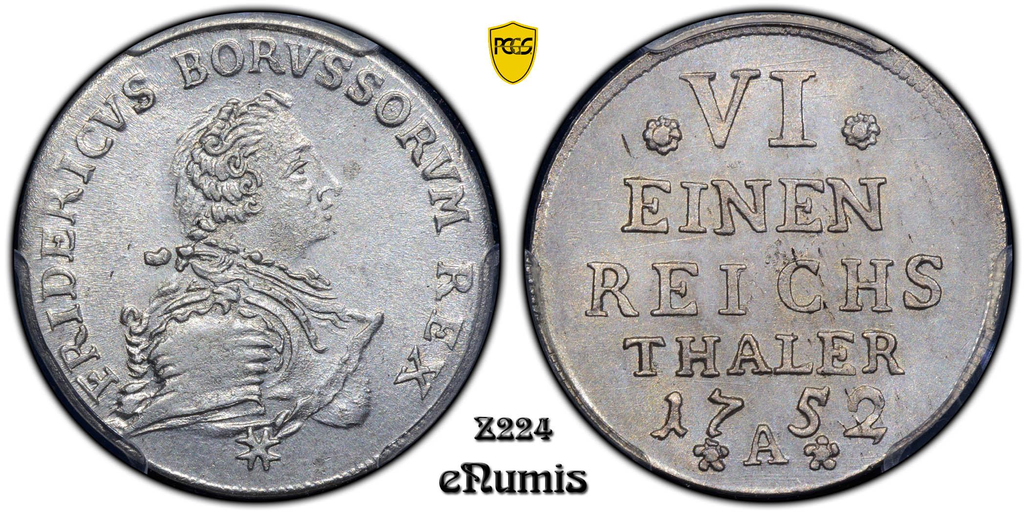 Germany, Prussia, Friedrich II the Great, 1/6 Taler 1752, Top Pop, PCGS MS 64 Germany, Prussia, Friedrich II the Great, 1/6 Taler 1752, Top Pop, PCGS MS 64