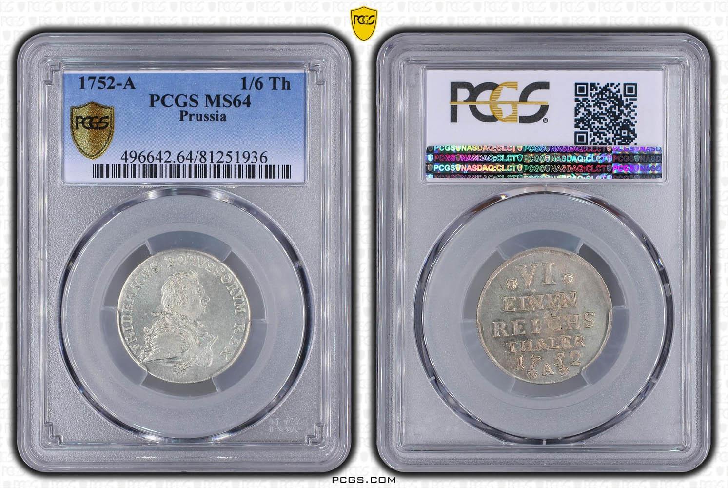 Germany, Prussia, Friedrich II the Great, 1/6 Taler 1752, Top Pop, PCGS MS 64 Germany, Prussia, Friedrich II the Great, 1/6 Taler 1752, Top Pop, PCGS MS 64