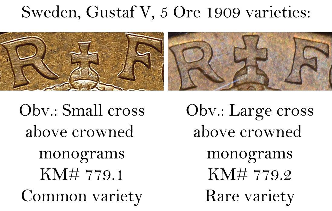 SWEDEN, Gustaf V, 5 Ore 1909, Large cross, Rare!, Top Pop, PCGS MS 65 BN