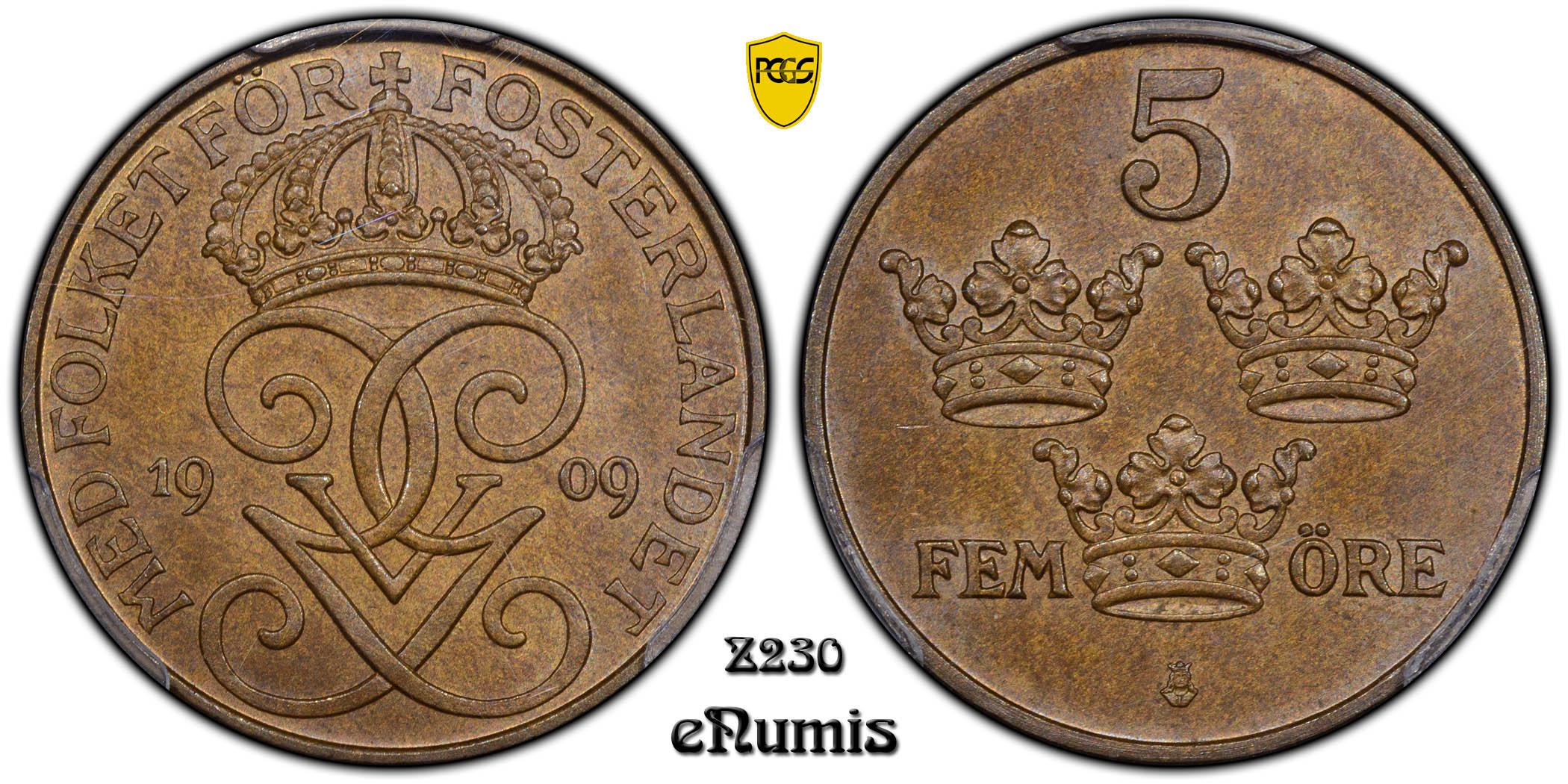 SWEDEN, Gustaf V, 5 Ore 1909, Large cross, Rare!, Top Pop, PCGS MS 65 BN